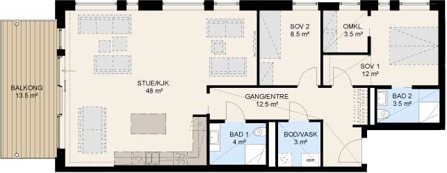 Alternativ planløsning: 3-roms leilighet mot ekstra kostnad